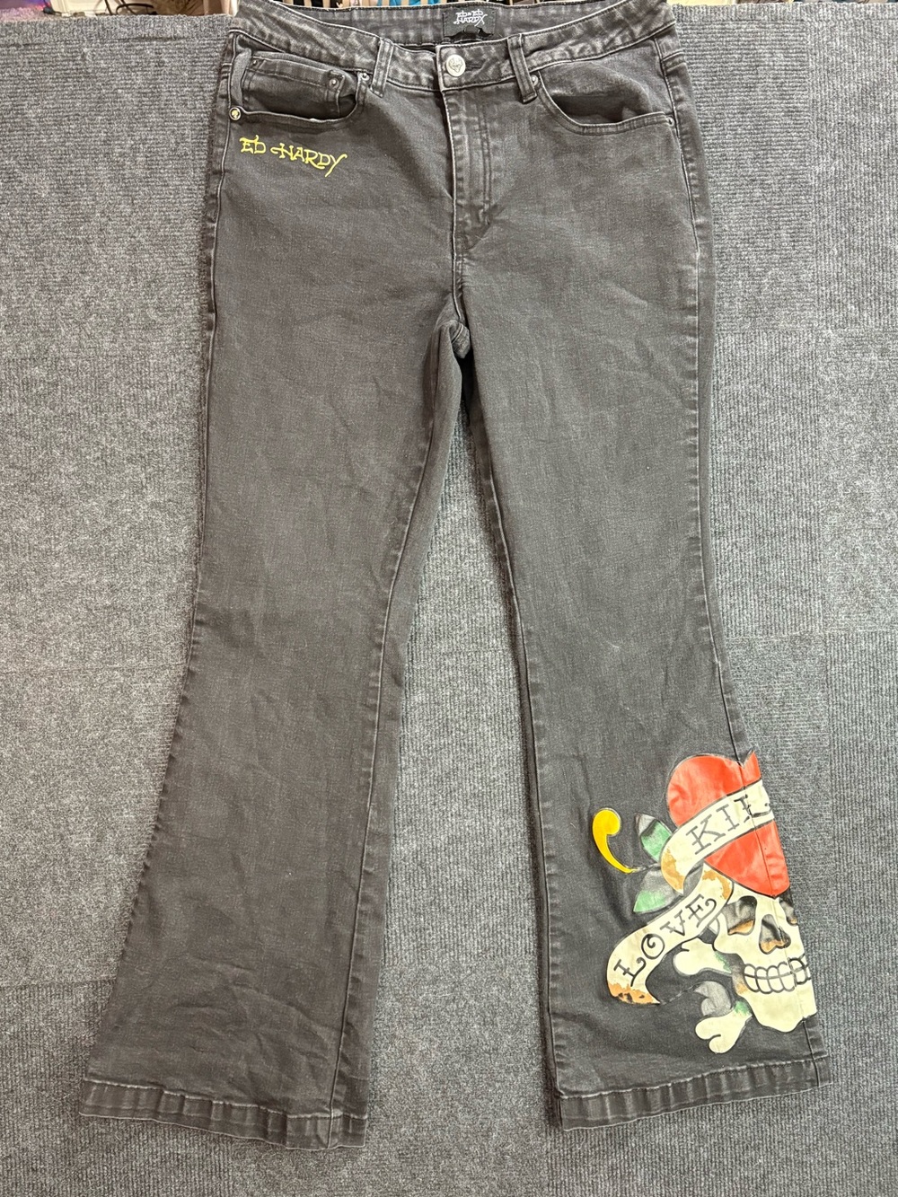 Ed Hardy Y2K Black Charcoal Flare Skull & Heart Jeans Love Kills Slowly size 32